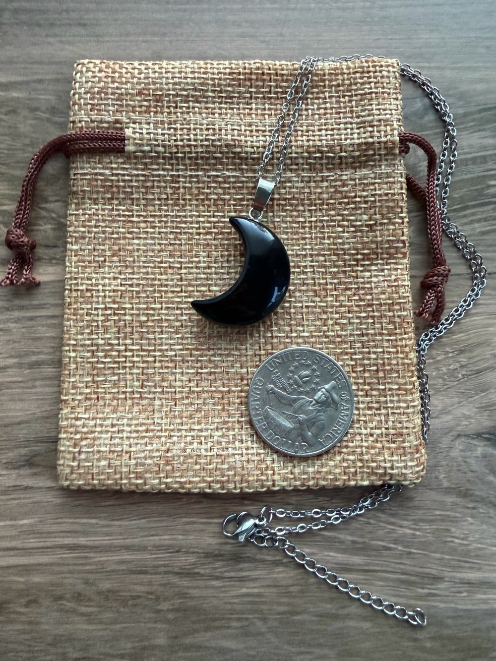 Genuine Black Obsidian Necklace Black Obsidian Moon Necklace Obsidian Pendant - Picture 2 of 2